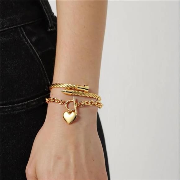 18K Gold Plated Nail Bracelet Set, Adjustable Stackable Bangles for Women - Picture 3 of 6